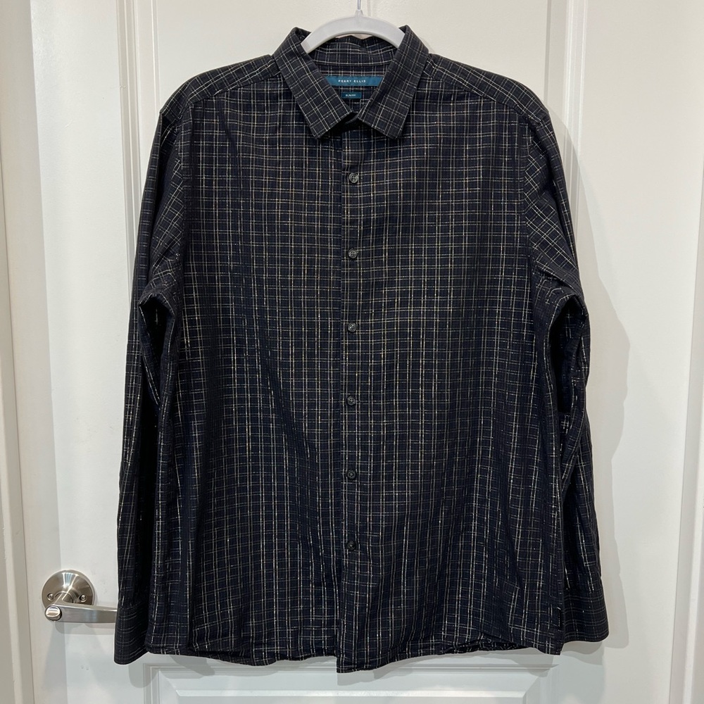 Perry Ellis Blue and Silver Metallic Plaid Dress Shirt